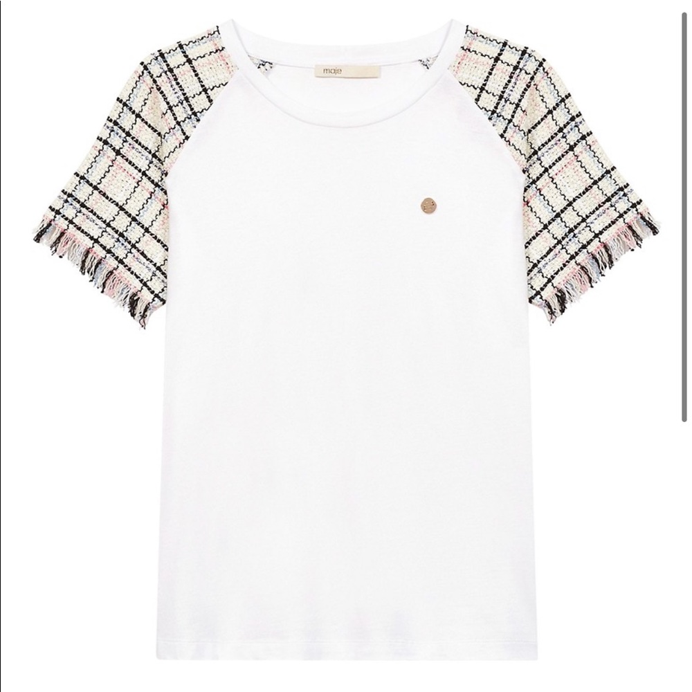 Maje cotton and tweed contrast tee shirt with pin